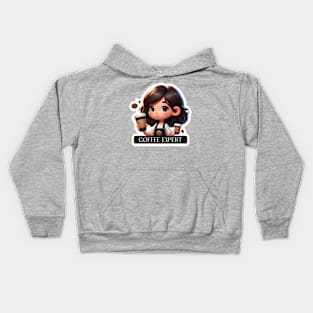 Double Delight: Cute Coffee Connoisseur with Expert Badge Kids Hoodie
